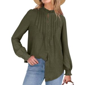 imageANRABESS Womens Button Down Shirts Long Sleeve Pleated Flowy Blouses Work Business Casual Dressy Tops 2025 Fall OutfitsArmy Green