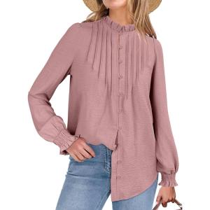 imageANRABESS Womens Button Down Shirts Long Sleeve Pleated Flowy Blouses Work Business Casual Dressy Tops 2025 Fall OutfitsPink
