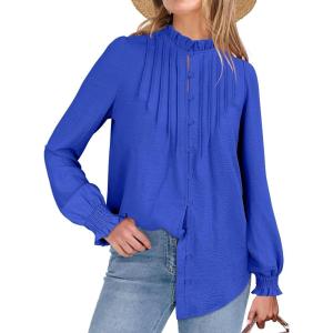 imageANRABESS Womens Button Down Shirts Long Sleeve Pleated Flowy Blouses Work Business Casual Dressy Tops 2025 Fall OutfitsRoyal Blue