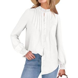 imageANRABESS Womens Button Down Shirts Long Sleeve Pleated Flowy Blouses Work Business Casual Dressy Tops 2025 Fall OutfitsWhite