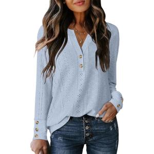 imageANRABESS Womens Eyelet Tops Long Sleeve Henley Shirts Business Dressy Casual Blouse Vacation TShirt 2025 Fall OutfitsLight Blue
