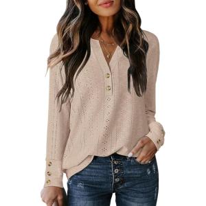 imageANRABESS Womens Eyelet Tops Long Sleeve Henley Shirts Business Dressy Casual Blouse Vacation TShirt 2025 Fall OutfitsLight Tan