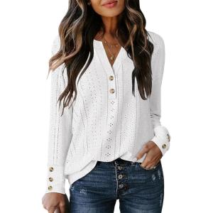 imageANRABESS Womens Eyelet Tops Long Sleeve Henley Shirts Business Dressy Casual Blouse Vacation TShirt 2025 Fall OutfitsWhite