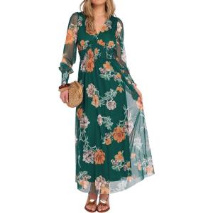 imageANRABESS Womens Floral Maxi Dress 2025 Fall V Neck Puff Long Sleeve Flowy Casual Wedding Guest Tee Party Tulle DressesEmerald Green Floral