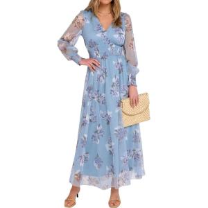 imageANRABESS Womens Floral Maxi Dress 2025 Fall V Neck Puff Long Sleeve Flowy Casual Wedding Guest Tee Party Tulle DressesLight Blue Floral