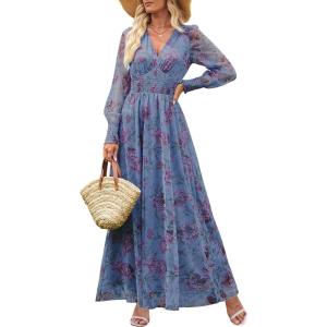 imageANRABESS Womens Floral Maxi Dress 2025 Fall V Neck Puff Long Sleeve Flowy Casual Wedding Guest Tee Party Tulle DressesPurple Floral Blue