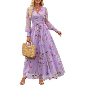 imageANRABESS Womens Floral Maxi Dress 2025 Fall V Neck Puff Long Sleeve Flowy Casual Wedding Guest Tee Party Tulle DressesPurple Rose