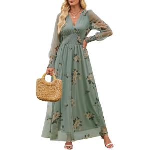 imageANRABESS Womens Floral Maxi Dress 2025 Fall V Neck Puff Long Sleeve Flowy Casual Wedding Guest Tee Party Tulle DressesYellow Floral Green