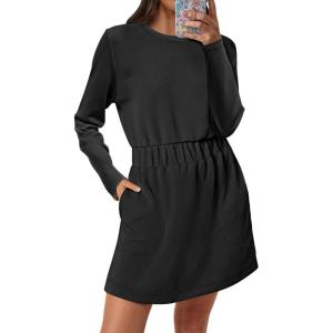 imageANRABESS Womens Long Sleeve Dress 2025 Fall Casual Elastic Waist Short Mini T Shirt Dresses with Pockets Travel OutfitsBlack