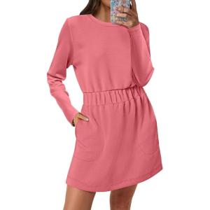 imageANRABESS Womens Long Sleeve Dress 2025 Fall Casual Elastic Waist Short Mini T Shirt Dresses with Pockets Travel OutfitsCoral