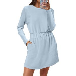 imageANRABESS Womens Long Sleeve Dress 2025 Fall Casual Elastic Waist Short Mini T Shirt Dresses with Pockets Travel OutfitsLight Blue