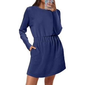 imageANRABESS Womens Long Sleeve Dress 2025 Fall Casual Elastic Waist Short Mini T Shirt Dresses with Pockets Travel OutfitsNavy Blue