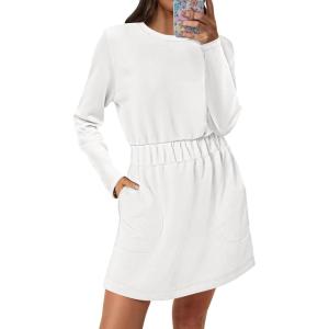 imageANRABESS Womens Long Sleeve Dress 2025 Fall Casual Elastic Waist Short Mini T Shirt Dresses with Pockets Travel OutfitsWhite