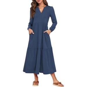 imageANRABESS Womens Long Sleeve Maxi Dresses 2025 Fall Casual V Neck Flowy Tiered Boho Modest Trendy Vacation Dress with PocketsBlue