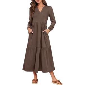 imageANRABESS Womens Long Sleeve Maxi Dresses 2025 Fall Casual V Neck Flowy Tiered Boho Modest Trendy Vacation Dress with PocketsBrown