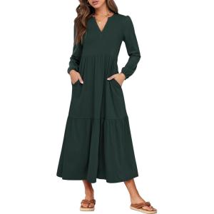 imageANRABESS Womens Long Sleeve Maxi Dresses 2025 Fall Casual V Neck Flowy Tiered Boho Modest Trendy Vacation Dress with PocketsDark Green