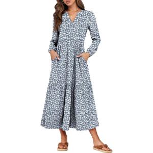 imageANRABESS Womens Long Sleeve Maxi Dresses 2025 Fall Casual V Neck Flowy Tiered Boho Modest Trendy Vacation Dress with PocketsFloral Blue