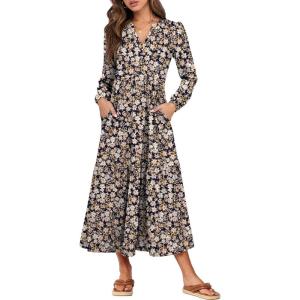 imageANRABESS Womens Long Sleeve Maxi Dresses 2025 Fall Casual V Neck Flowy Tiered Boho Modest Trendy Vacation Dress with PocketsFloral Navy Blue Pink