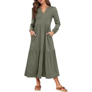 imageANRABESS Womens Long Sleeve Maxi Dresses 2025 Fall Casual V Neck Flowy Tiered Boho Modest Trendy Vacation Dress with PocketsOlive Green