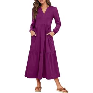 imageANRABESS Womens Long Sleeve Maxi Dresses 2025 Fall Casual V Neck Flowy Tiered Boho Modest Trendy Vacation Dress with PocketsPurple