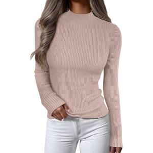 imageANRABESS Womens Long Sleeve Mock Neck Lightweight Sweater Rib Knit Slim Fit 2025 Fall Winter Casual Basic Pullover TopsLighter Apricot