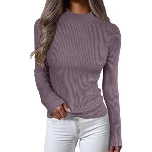 imageANRABESS Womens Long Sleeve Mock Neck Lightweight Sweater Rib Knit Slim Fit 2025 Fall Winter Casual Basic Pullover TopsPurple