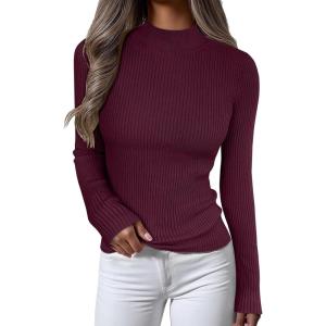 imageANRABESS Womens Long Sleeve Mock Neck Lightweight Sweater Rib Knit Slim Fit 2025 Fall Winter Casual Basic Pullover TopsWine Red