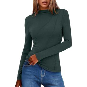 imageANRABESS Womens Long Sleeve Mock Neck Shirts Fitted Dressy Casual Blouse 2025 Fall Office Work Thermal TopsDeep Green