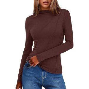 imageANRABESS Womens Long Sleeve Mock Neck Shirts Fitted Dressy Casual Blouse 2025 Fall Office Work Thermal TopsRed Brown