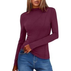 imageANRABESS Womens Long Sleeve Mock Neck Shirts Fitted Dressy Casual Blouse 2025 Fall Office Work Thermal TopsWine Red