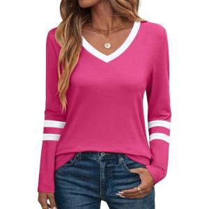 imageANRABESS Womens Long Sleeve Shirts V Neck Color Block Basic Tshirt 2025 Fall Casual Striped Tee Tunics Tops Trendy OutfitsHot Pink