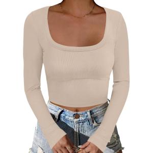 imageANRABESS Womens Long Sleeve Square Neck Crop Top Ribbed Slim Fitted Basic Tee Layer Y2K Shirts Fall Fashion Outfits 2025Beige