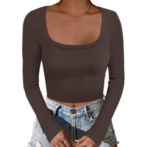 imageANRABESS Womens Long Sleeve Square Neck Crop Top Ribbed Slim Fitted Basic Tee Layer Y2K Shirts Fall Fashion Outfits 2025Coffee