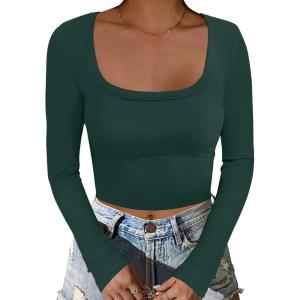 imageANRABESS Womens Long Sleeve Square Neck Crop Top Ribbed Slim Fitted Basic Tee Layer Y2K Shirts Fall Fashion Outfits 2025Deep Green
