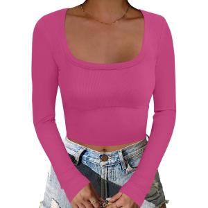 imageANRABESS Womens Long Sleeve Square Neck Crop Top Ribbed Slim Fitted Basic Tee Layer Y2K Shirts Fall Fashion Outfits 2025Hot Pink