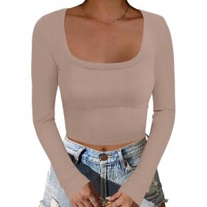imageANRABESS Womens Long Sleeve Square Neck Crop Top Ribbed Slim Fitted Basic Tee Layer Y2K Shirts Fall Fashion Outfits 2025Khaki