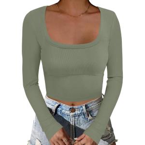 imageANRABESS Womens Long Sleeve Square Neck Crop Top Ribbed Slim Fitted Basic Tee Layer Y2K Shirts Fall Fashion Outfits 2025Sage Green