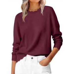 imageANRABESS Womens Long Sleeve Sweaters Loose Fit Lightweight Scalloped Knit Soft Dressy Pullover Tops 2025 Fall Casual OutfitsWine Red