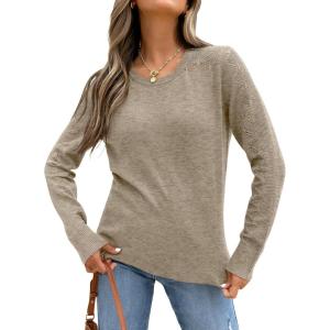 imageANRABESS Womens Long Sleeve Sweaters Wool Blend Crew Neck Hollow Out Business Casual Work Tops 2025 Fall OutfitsAlmond