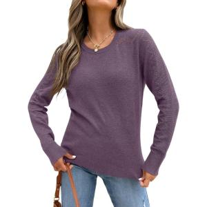 imageANRABESS Womens Long Sleeve Sweaters Wool Blend Crew Neck Hollow Out Business Casual Work Tops 2025 Fall OutfitsGrey Purple
