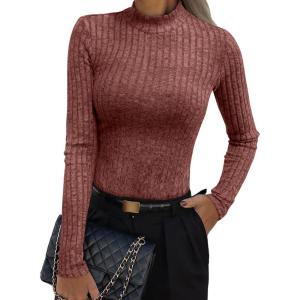 imageANRABESS Womens Long Sleeve Tops Mock Neck Ribbed Knit Slim Fit Pleated Basic T Shirts Lightweight Sweater Going Out ClothesRust