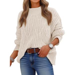 imageANRABESS Womens Mock Turtle Neck Sweaters Cable Knit Long Sleeve 2025 Fall Winter Tunic SweaterBeige