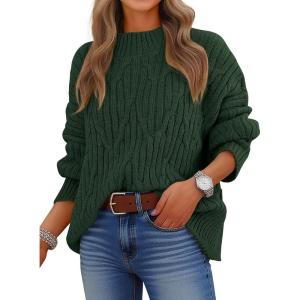 imageANRABESS Womens Mock Turtle Neck Sweaters Cable Knit Long Sleeve 2025 Fall Winter Tunic SweaterDeep Green