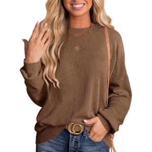 imageANRABESS Womens Oversized Long Sleeve Shirts Ribbed Knit Tunic Tops Side Spilt Casual 2025 Fall OutfitsBrown