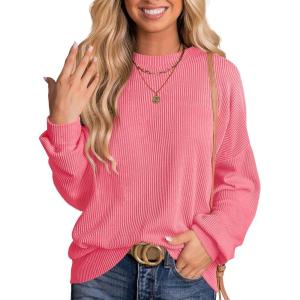 imageANRABESS Womens Oversized Long Sleeve Shirts Ribbed Knit Tunic Tops Side Spilt Casual 2025 Fall OutfitsCoral Pink