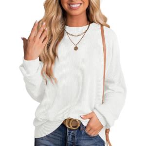 imageANRABESS Womens Oversized Long Sleeve Shirts Ribbed Knit Tunic Tops Side Spilt Casual 2025 Fall OutfitsWhite