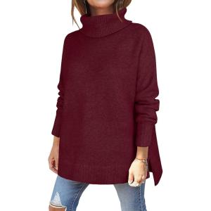 imageANRABESS Womens Oversized Turtleneck Sweaters Casual Fall Long Sleeve Knit Spilt Hem Tunic Pullover Tops 2025 Winter OutfitsBerry Red