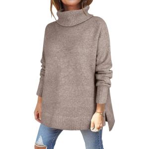 imageANRABESS Womens Oversized Turtleneck Sweaters Casual Fall Long Sleeve Knit Spilt Hem Tunic Pullover Tops 2025 Winter OutfitsLight Khaki