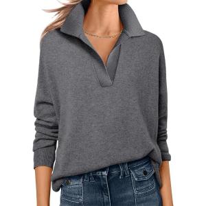 imageANRABESS Womens Polo V Neck Long Sleeve Sweaters Lightweight Dressy Casual Business Basic Knit Pullover Top 2025 Fall OutfitsDark Gray