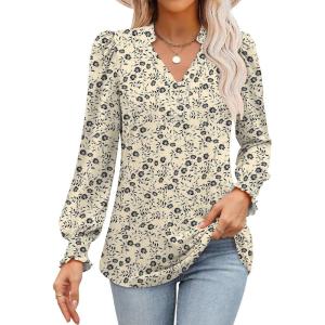 imageANRABESS Womens Puff Long Sleeve Shirts Dressy Casual Blouses 2025 Fall V Neck Loose Fit Floral Business Work Tunic TopsApricot Black Floral